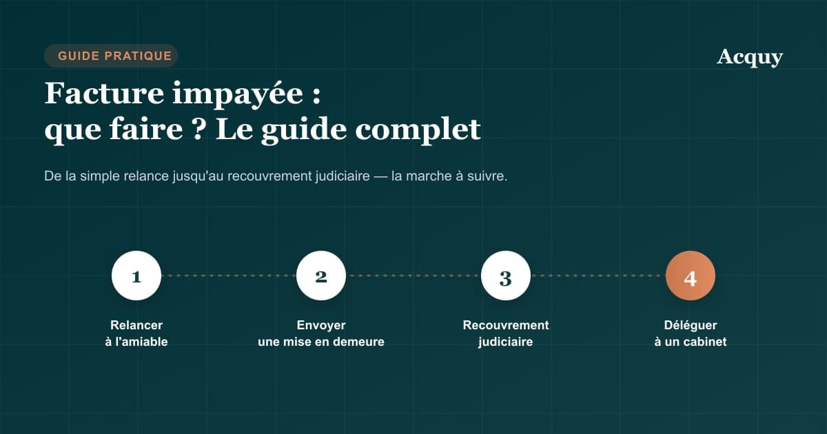 Les 4 étapes face à une facture impayée : relance amiable, mise en demeure, recouvrement judiciaire, délégation à un cabinet
