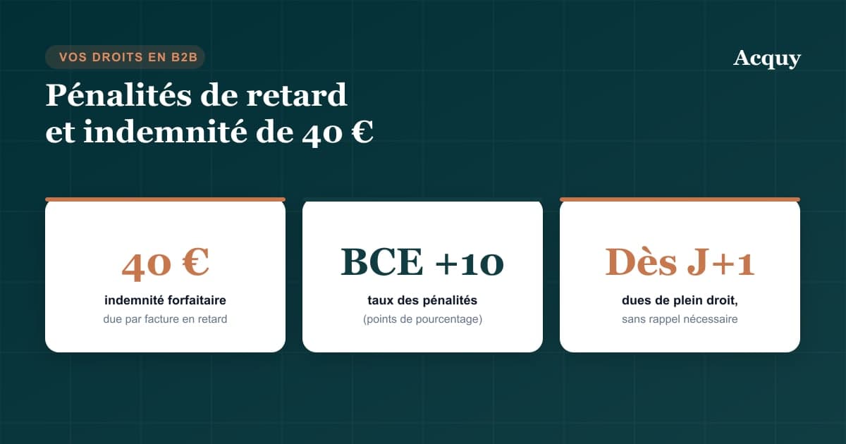 Retard de paiement B2B : indemnité forfaitaire de 40 € par facture, pénalités au taux BCE majoré de 10 points, dues dès le premier jour